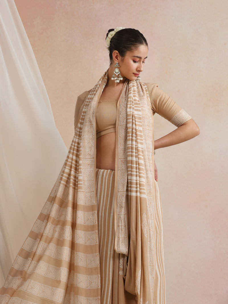 Women Hand Block Brown Pure Cotton Printed Saree