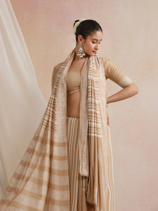 Women Hand Block Brown Pure Cotton Printed Saree
