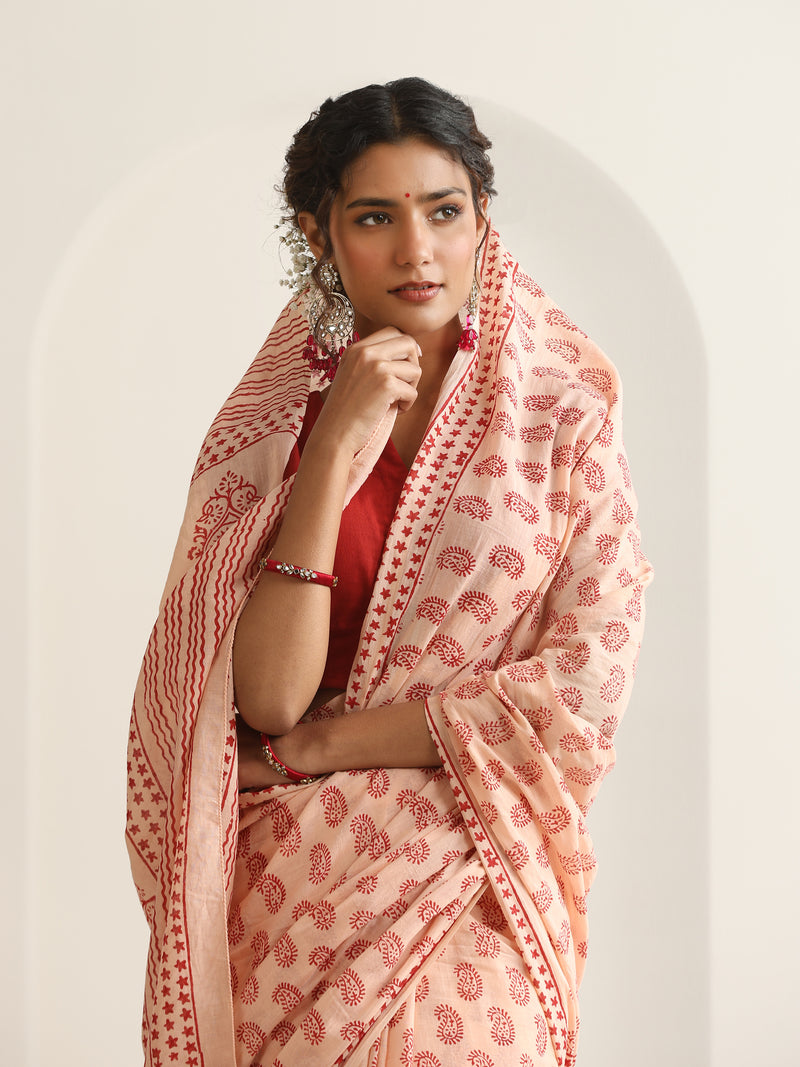 Women Hand Block Peach Pure Cotton Printed Saree