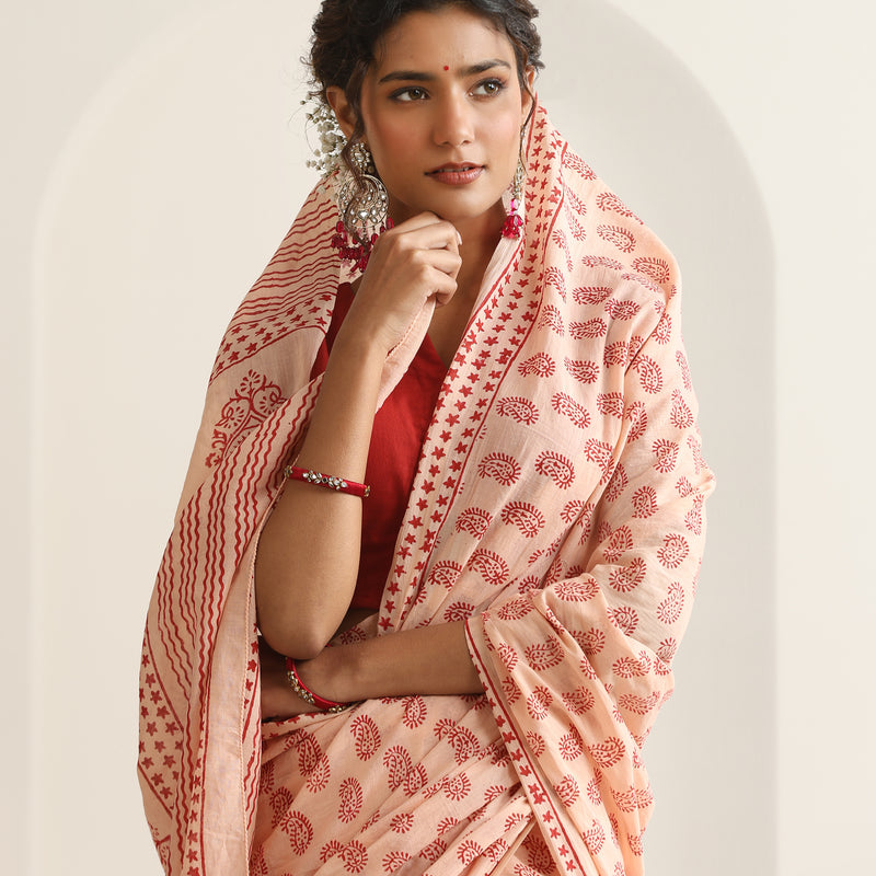 Women Hand Block Peach Pure Cotton Printed Saree - Khushal K - Image 2