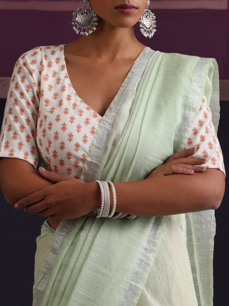 Women Cotton Green Linen Printed Saree