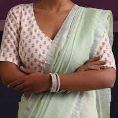 Women Cotton Green Linen Printed Saree