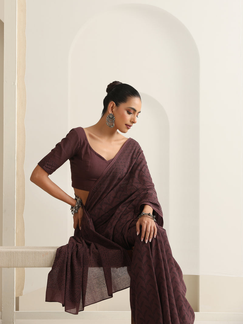 Women Hand Block Brown Pure Cotton Printed Saree