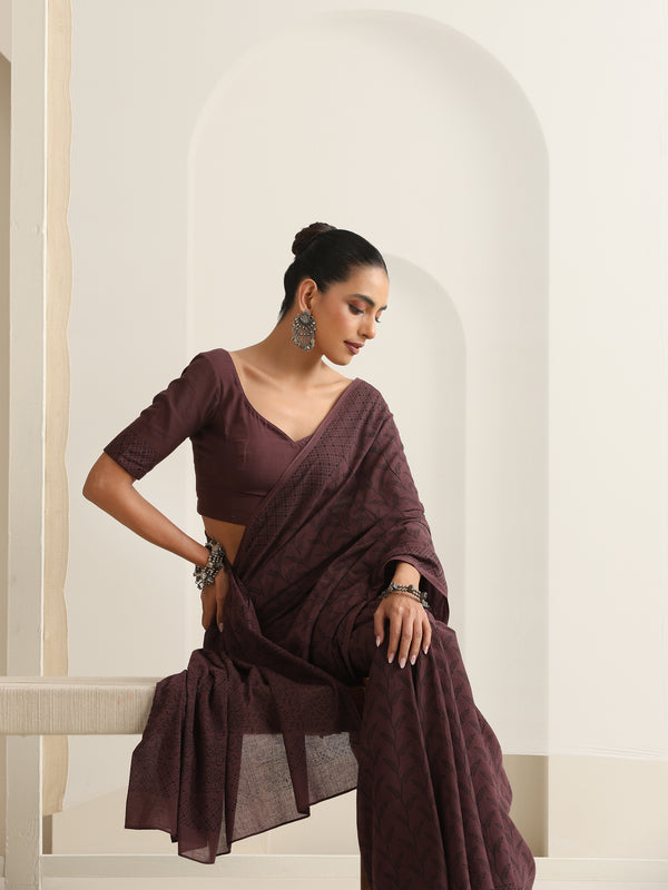 Women Hand Block Brown Pure Cotton Printed Saree