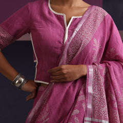 Women Hand Block Pink Cotton Linen Printed Saree