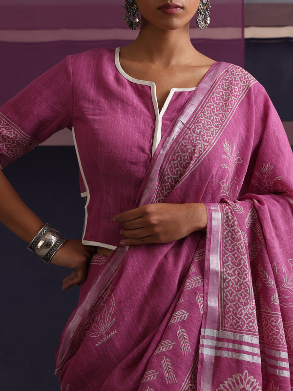 Women Hand Block Pink Cotton Linen Printed Saree