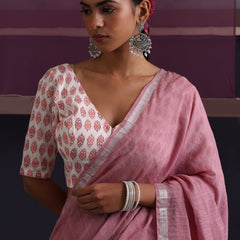 Women Cotton Pink Linen Printed Saree