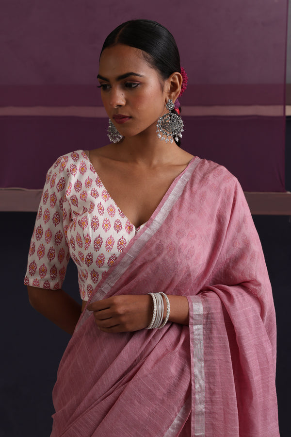 Women Cotton Pink Linen Printed Saree