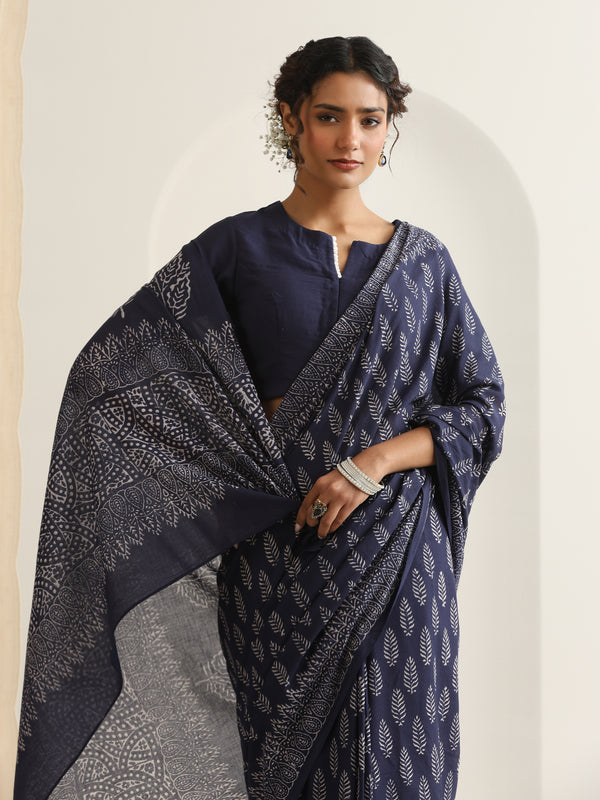 Women Hand Block Blue Pure Cotton Printed Saree