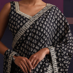 Women Embroidered Black Pure Cotton Printed Saree