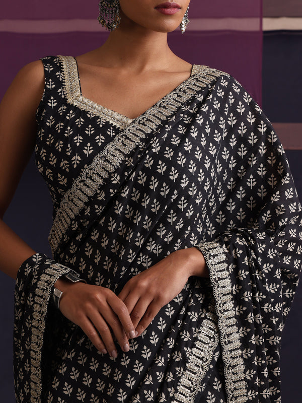 Women Embroidered Black Pure Cotton Printed Saree