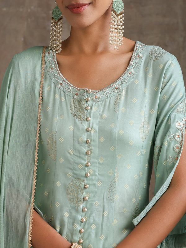 Ethnic Motifs Printed Panelled A-Line Pure Cotton Kurta with Palazzos & Dupatta