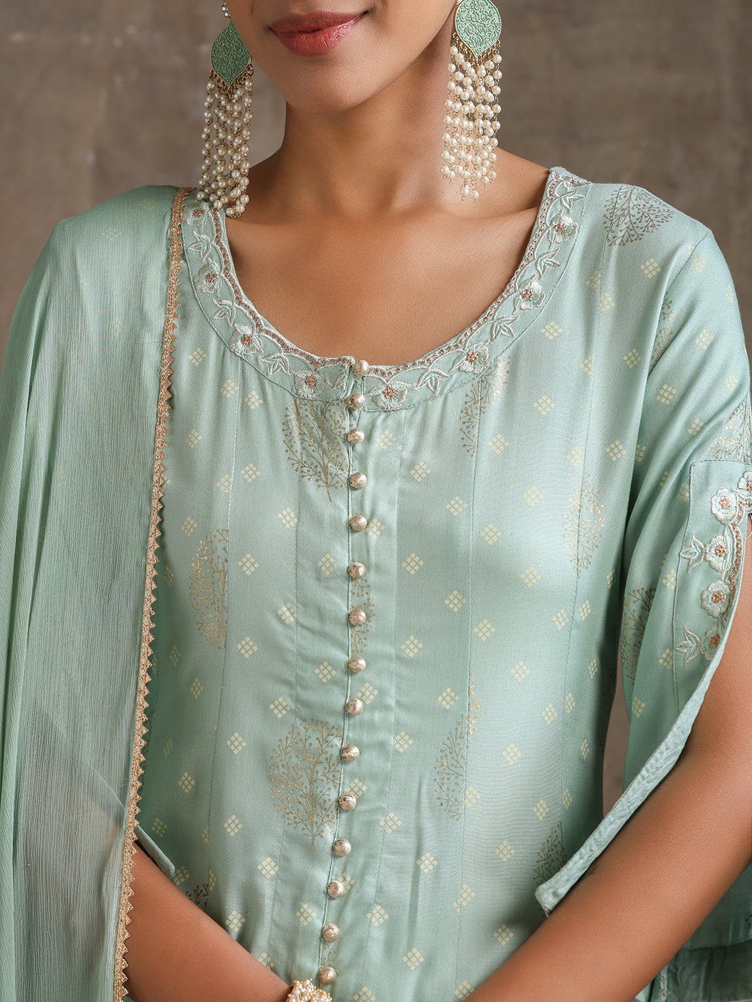 Ethnic Motifs Printed Panelled A-Line Pure Cotton Kurta with Palazzos & Dupatta