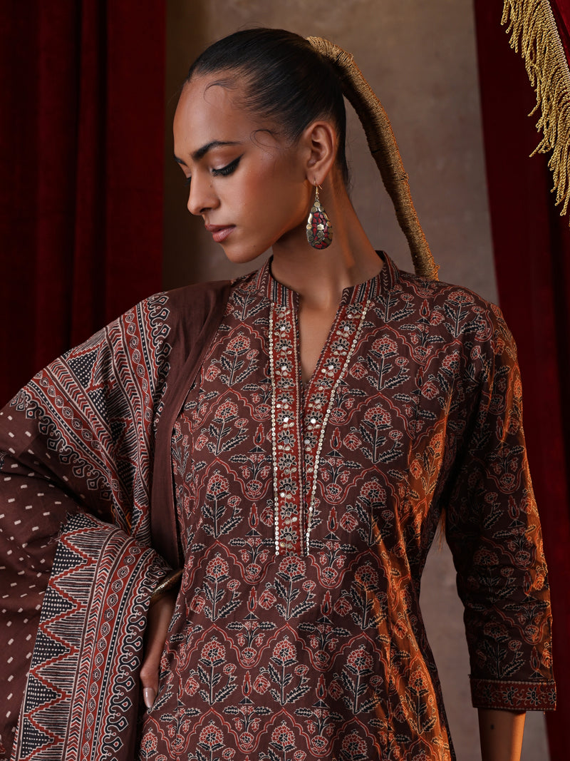 Khushal K Women Cotton kurta and palazzo with dupatta set - Brown
