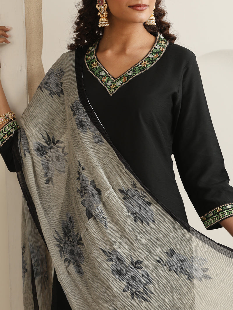 Khushal K Women Pure Silk black Embroidered Kurta & Palazzo With Dupatta