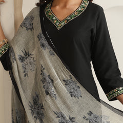 Khushal K Women Pure Silk black Embroidered Kurta & Palazzo With Dupatta