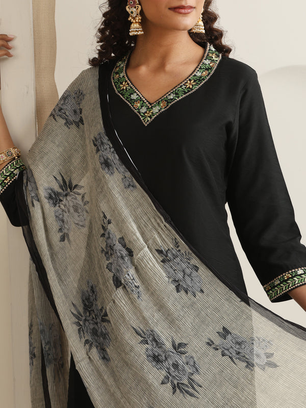 Khushal K Women Pure Silk black Embroidered Kurta & Palazzo With Dupatta