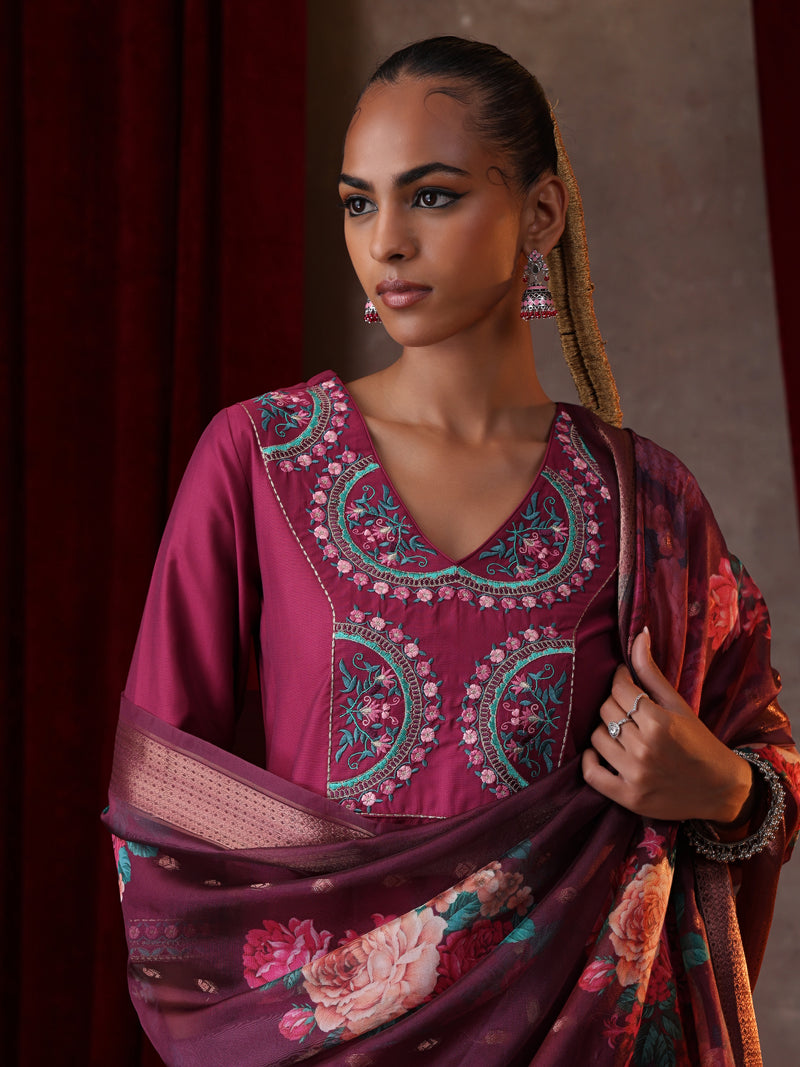 Khushal K Women Pure Silk magenta Embroidered Kurta & Palazzo With Dupatta