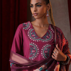 Khushal K Women Pure Silk magenta Embroidered Kurta & Palazzo With Dupatta