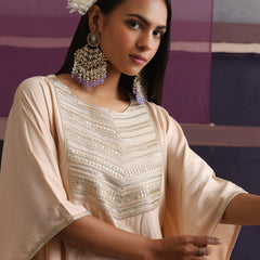 Khushal K Women Motifs Yoke Round Nack Design Beige Kaftan set