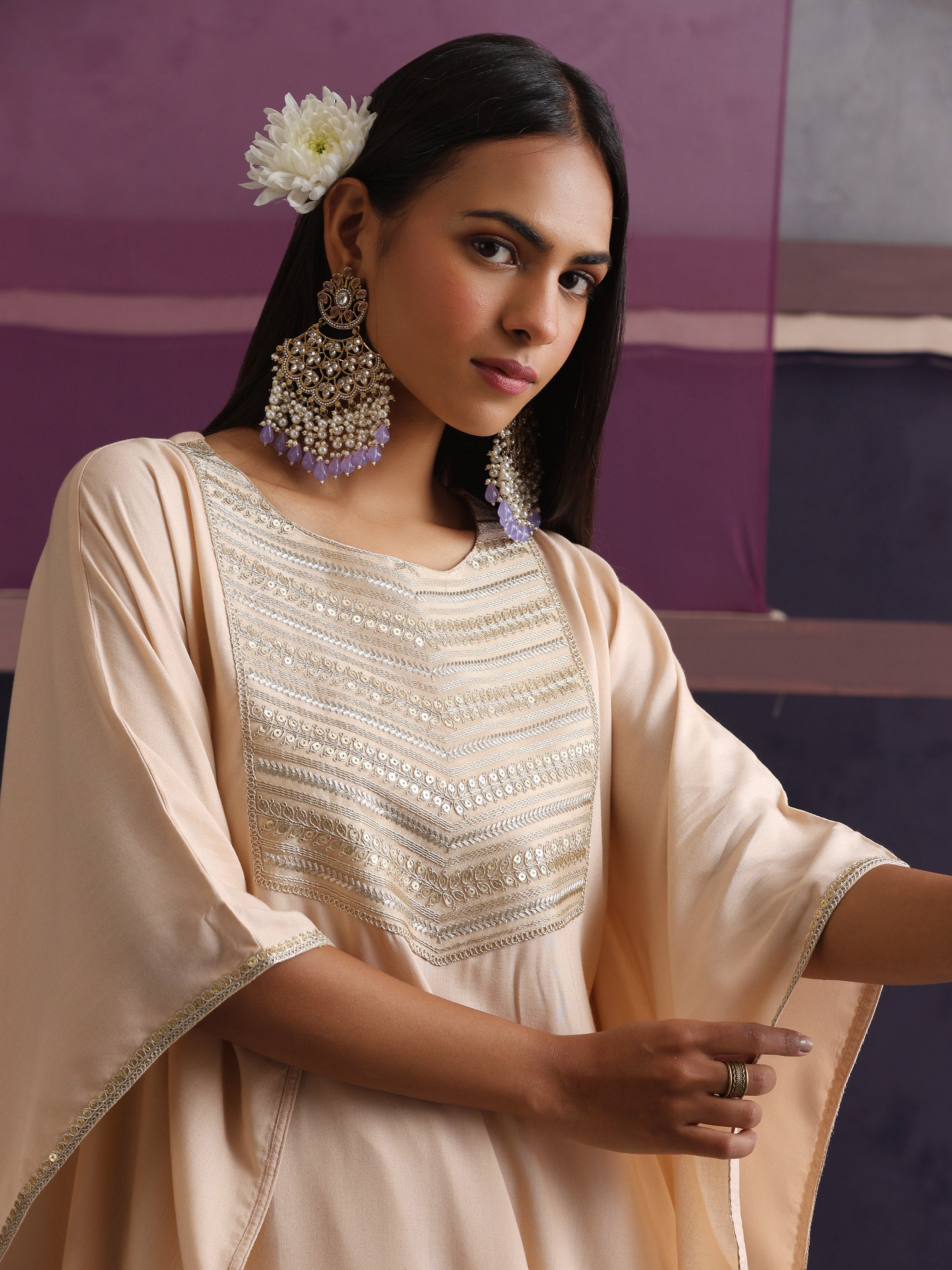 Khushal K Women Motifs Yoke Round Nack Design Beige Kaftan set