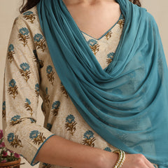 Khushal K Women Cream Floral Printed Regular Pure Cotton Kurta & Palazzo With Dupatta