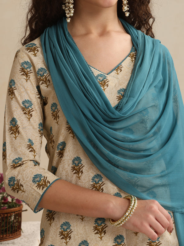Khushal K Women Cream Floral Printed Regular Pure Cotton Kurta & Palazzo With Dupatta