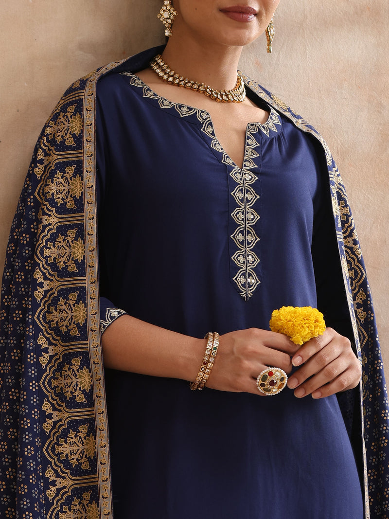 Ethnic Motifs Embroidered V-Neck Thread Work Kurta With Trousers & Dupatta