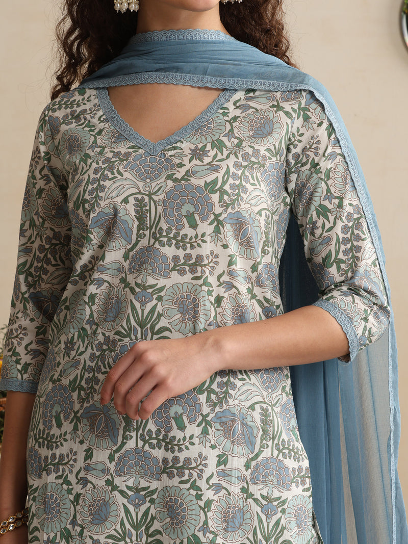 Khushal K Women Floral Printed Regular Pure Cotton Off-White Kurta & Palazzo With Dupatta