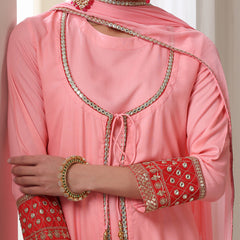Floral Embroidered Sequinned Jacket Straight Kurta With Palazzos & Dupatta