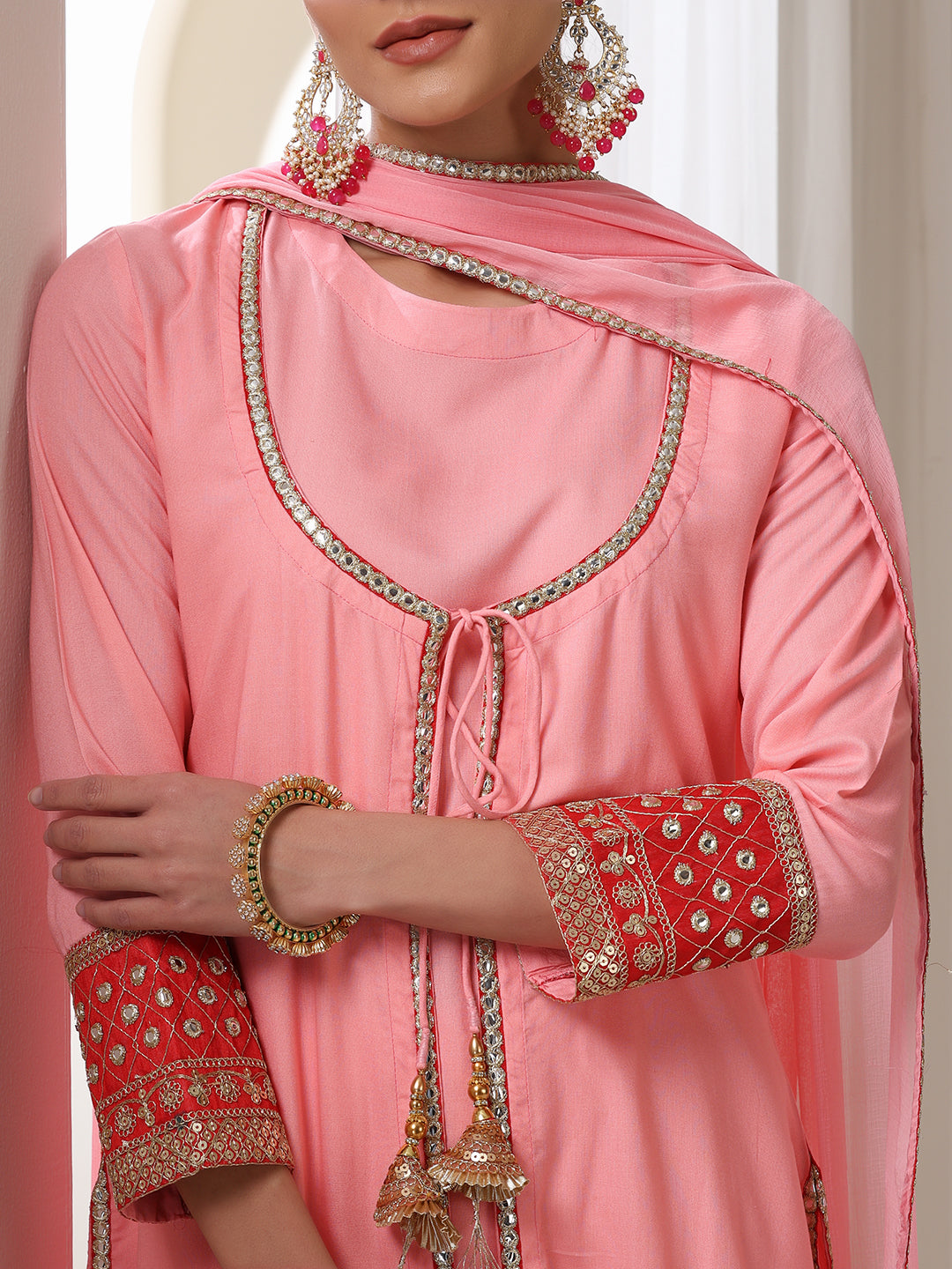 Floral Embroidered Sequinned Jacket Straight Kurta With Palazzos & Dupatta