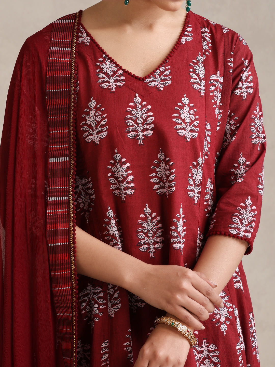 Floral Printed V-Neck A-Line Pure Cotton Kurta with Palazzos & With Dupatta