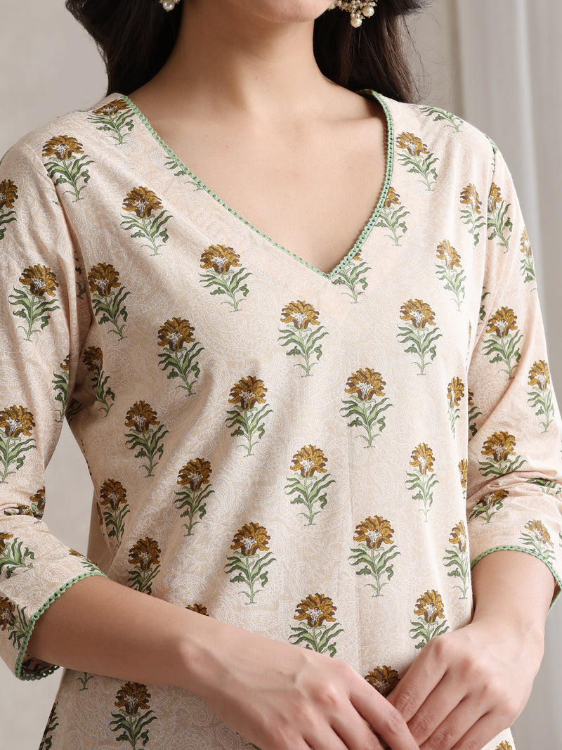 Floral Printed Cotton V-Neck Tunic With Trouser Co-Ords
