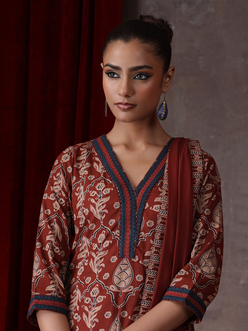 Khushal K Women Cotton kurta and palazzo with dupatta set - Rust