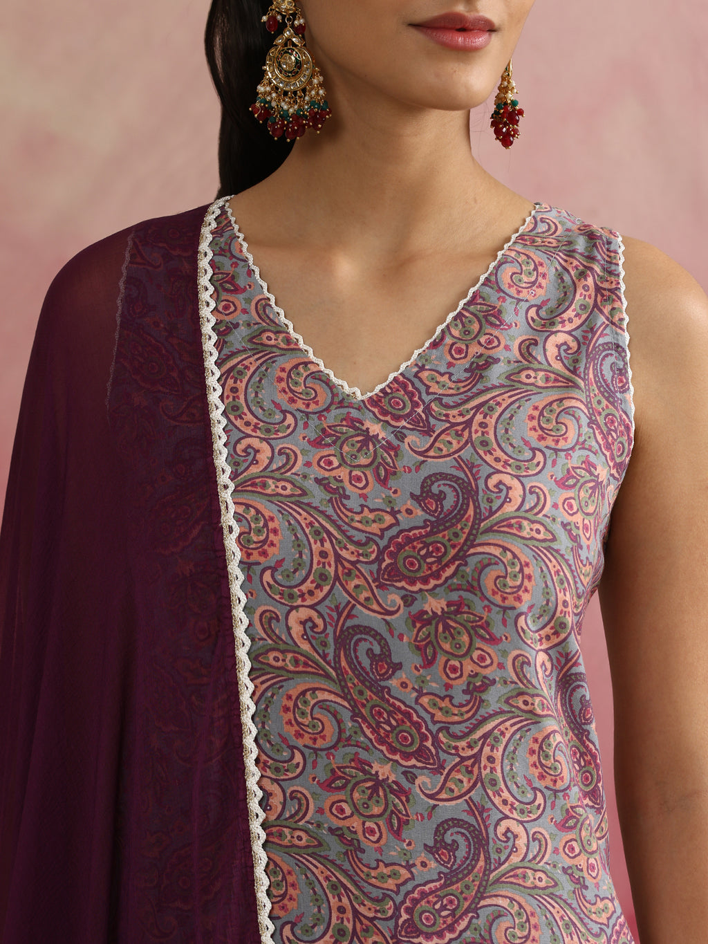 Paisley Printed Sleeveless Straight Kurta with Palazzos & Dupatta