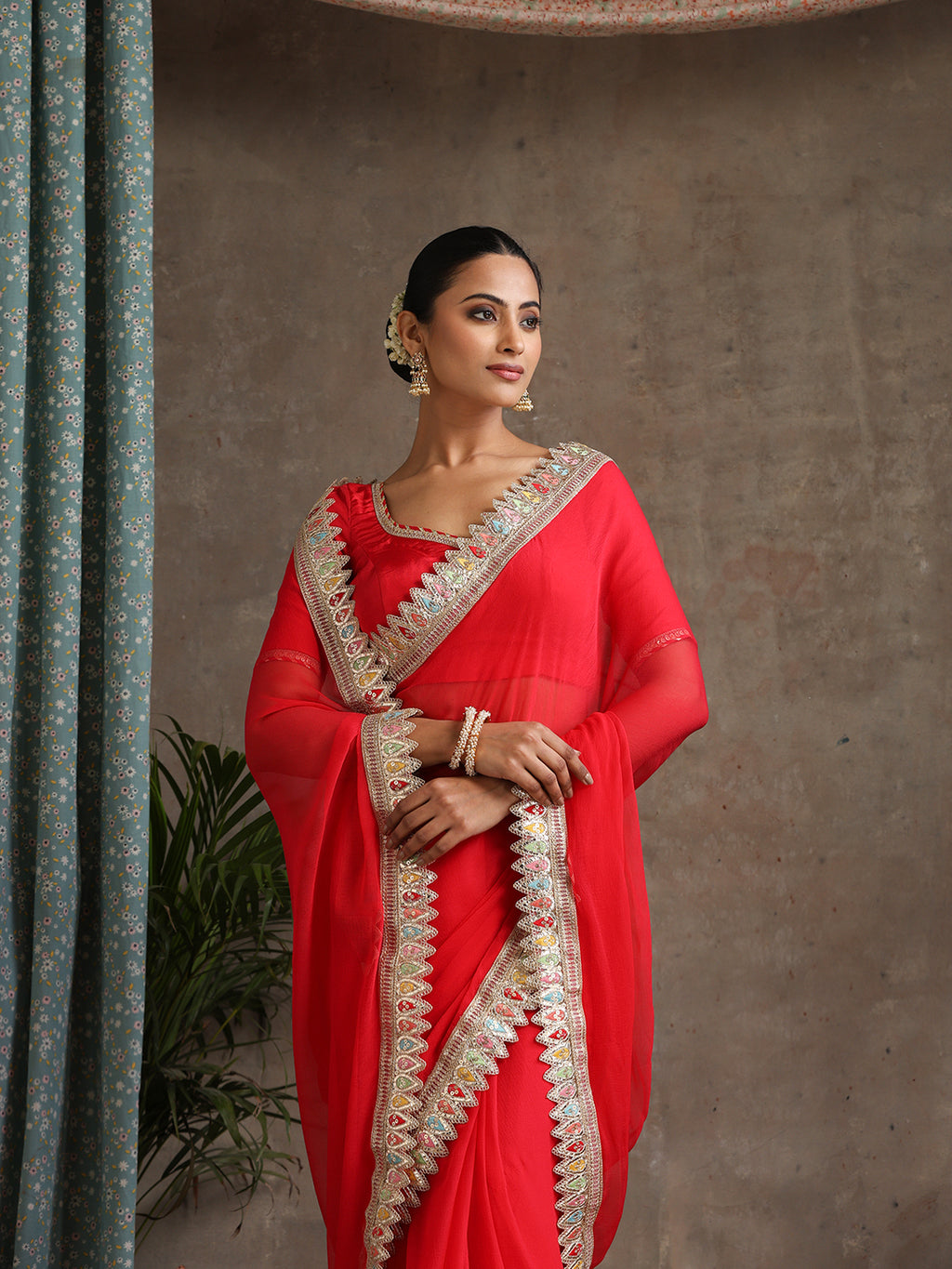 Red Poly Chiffon Fashion Saree
