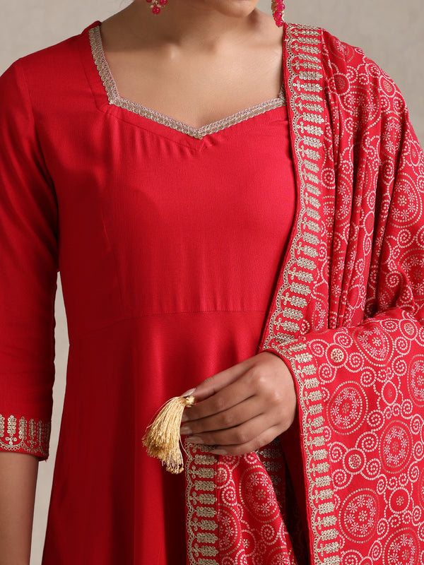 Khushal K Women Red Anarkali Zari Kurta set