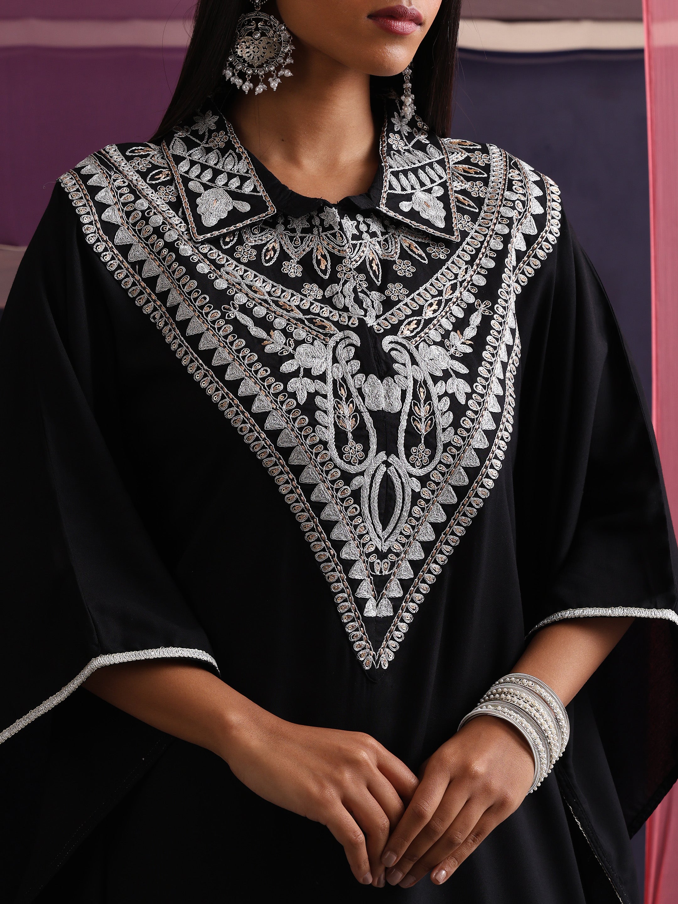 Khushal K Women Embroidered Collar Black Kaftan set