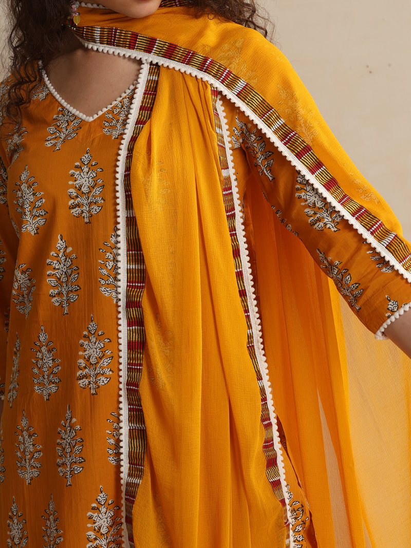 Khushal K Women Floral Printed Regular Pure Cotton Mustard Kurta & Palazzo With Dupatta