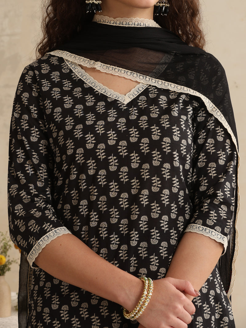 Khushal K Women Floral Printed Regular Pure Cotton Black Kurta & Palazzo With Dupatta