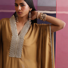 Khushal K Women Motifs V-Neck Brown Kaftan set