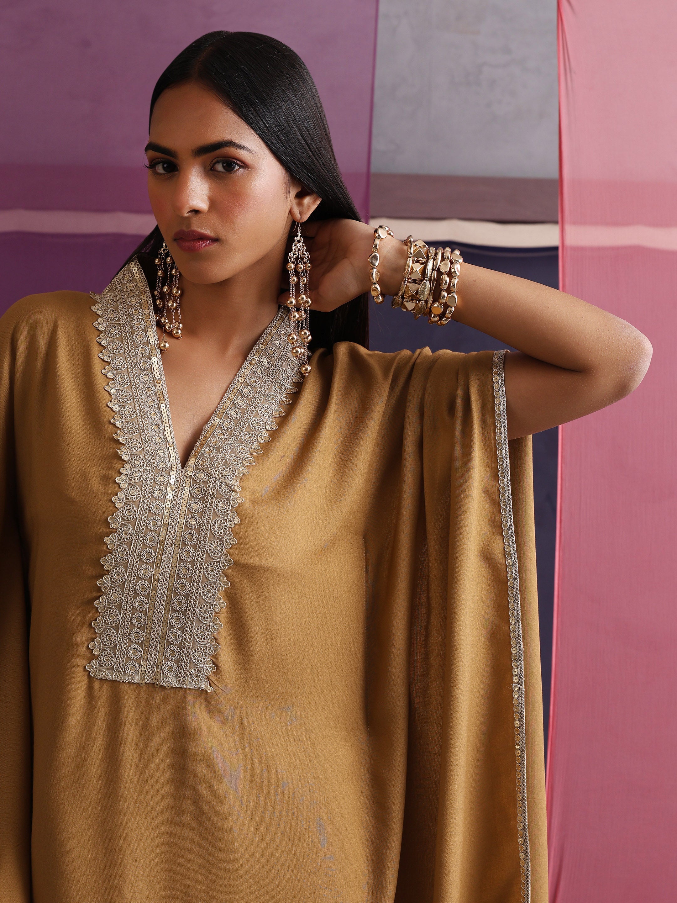 Khushal K Women Motifs V-Neck Brown Kaftan set