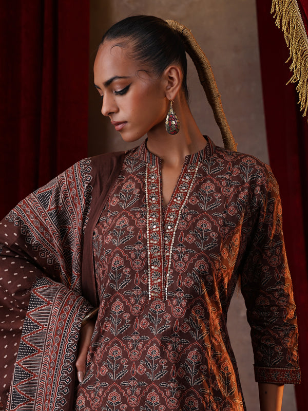 Khushal K Women Cotton kurta and palazzo with dupatta set - Brown