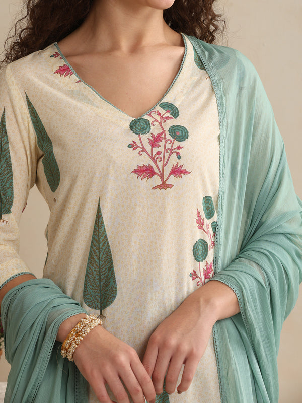 Khushal K Women Floral Printed Regular Pure Cotton Off-White Kurta & Palazzo With Dupatta