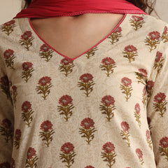 Khushal K Women Floral Printed Cream Regular Pure Cotton Kurta & Palazzo With Dupatta