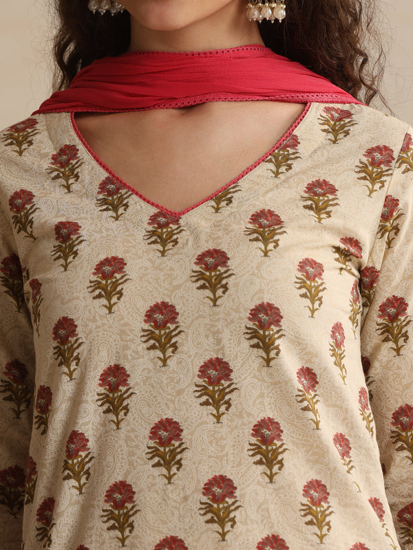 Khushal K Women Floral Printed Cream Regular Pure Cotton Kurta & Palazzo With Dupatta