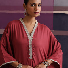 Khushal K Women V-Neck-line Rust Kaftan set