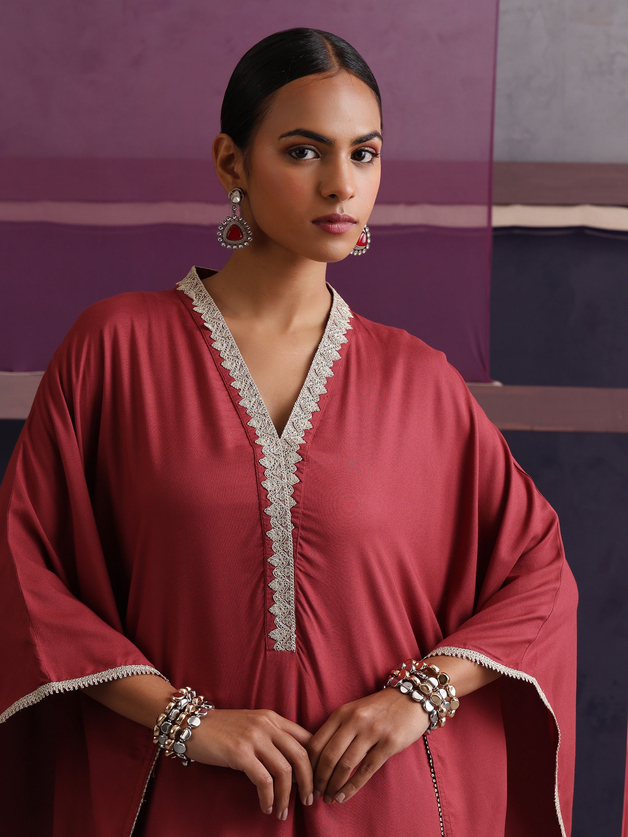 Khushal K Women V-Neck-line Rust Kaftan set