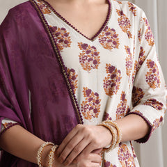 Floral Printed V-Neck Pure Cotton A-Line Kurta with Trousers And Dupatta