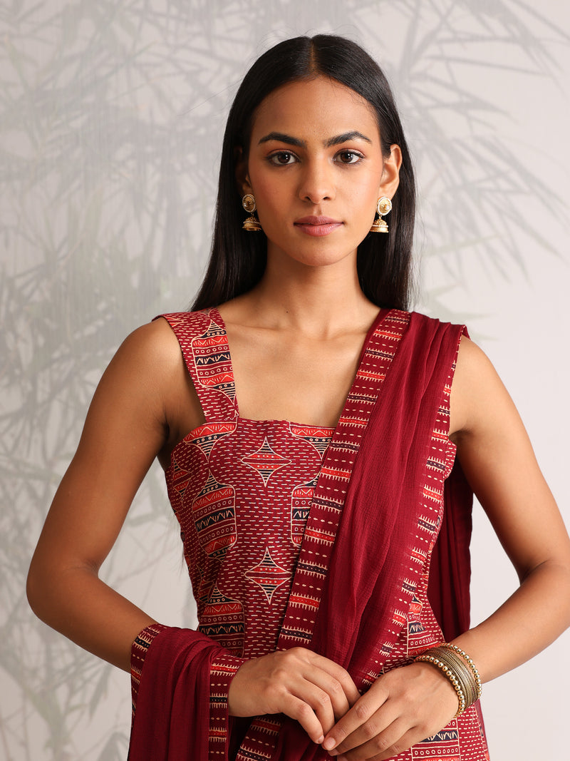 Khushal K Women Cotton kurti and Farshi Salwar with dupatta set - Maroon